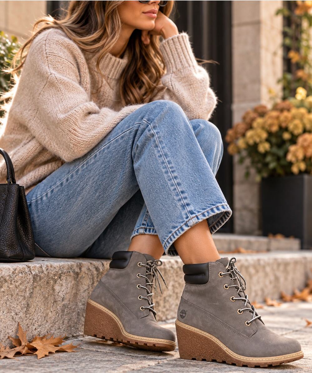 Timberland Amston Gray Nubuck Leather Wedge Ankle Boots Women 6
